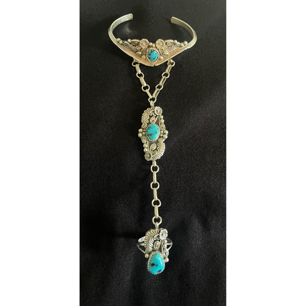Vintage Sterling Silver Turquoise Hand Chain Bracelet Ring Set Cuff Leaf Floral